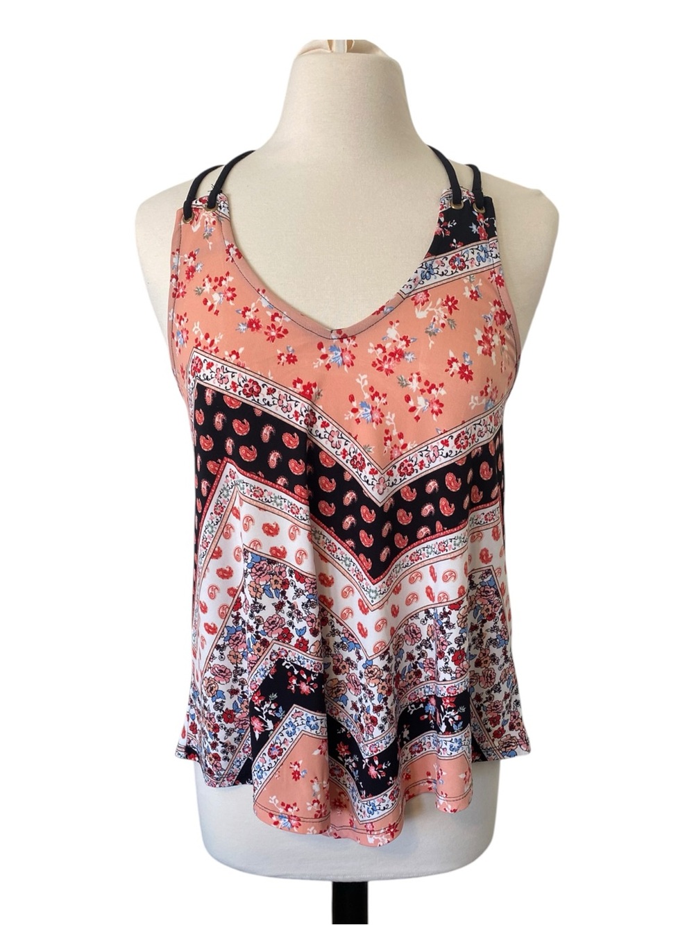 Lavish Medium Boho Paisley Floral Crisscross Strap Flowy Sleeveless Top